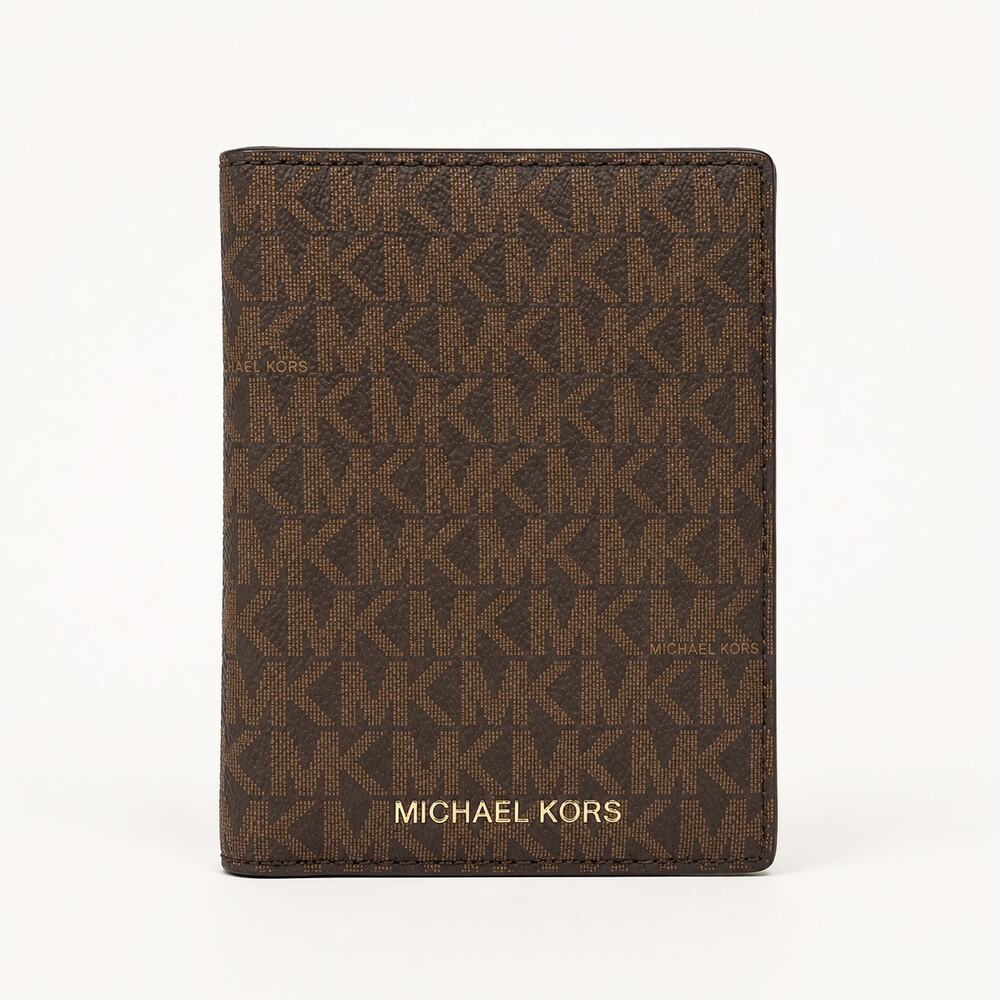 Michael Kors Jet Set MK Logo Passport Wallet Brown Acorn 32T0GJ6T1B New